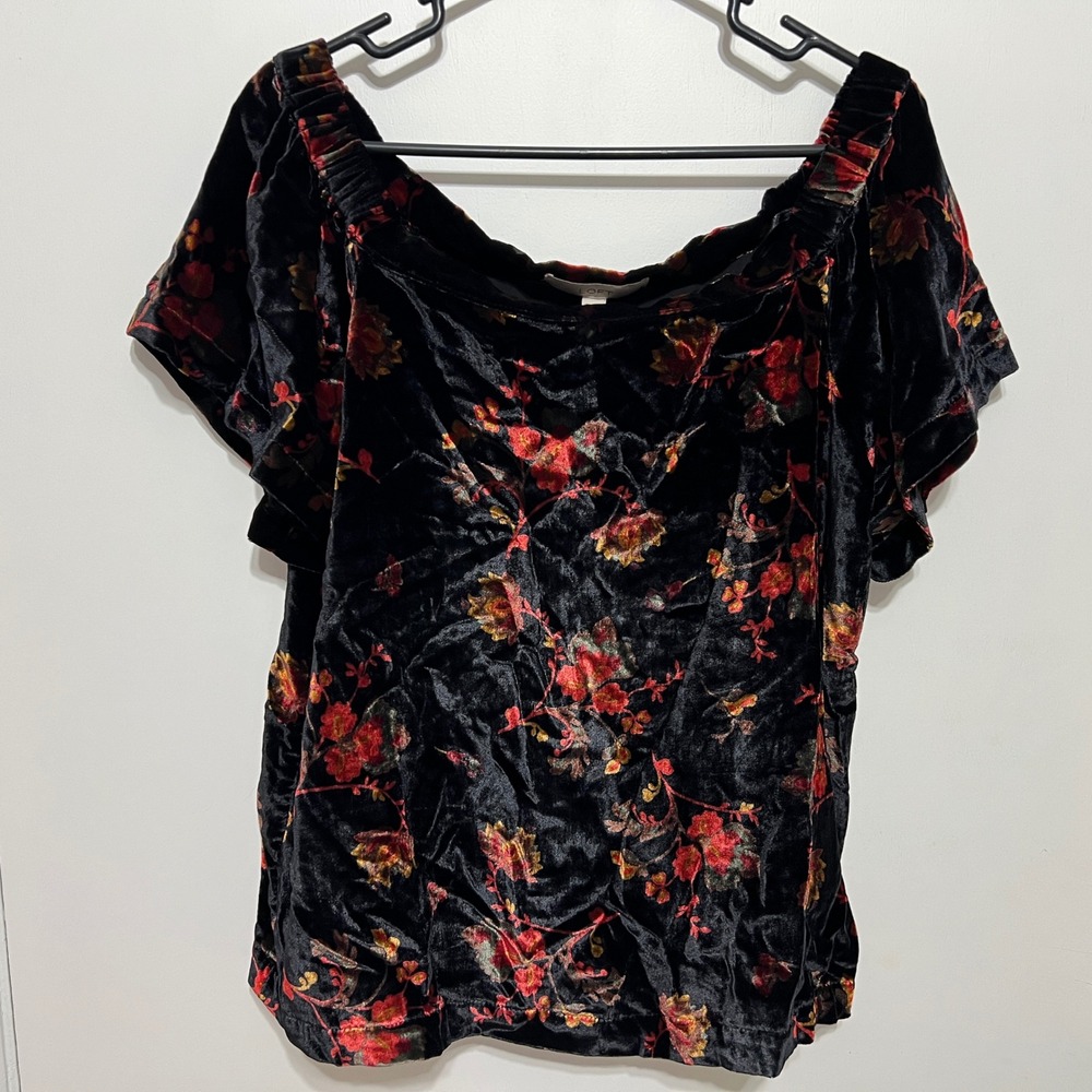 Loft Burnout Velvet Floral Off Shoulder Top Size M Black Short Sleeve Whimsigoth